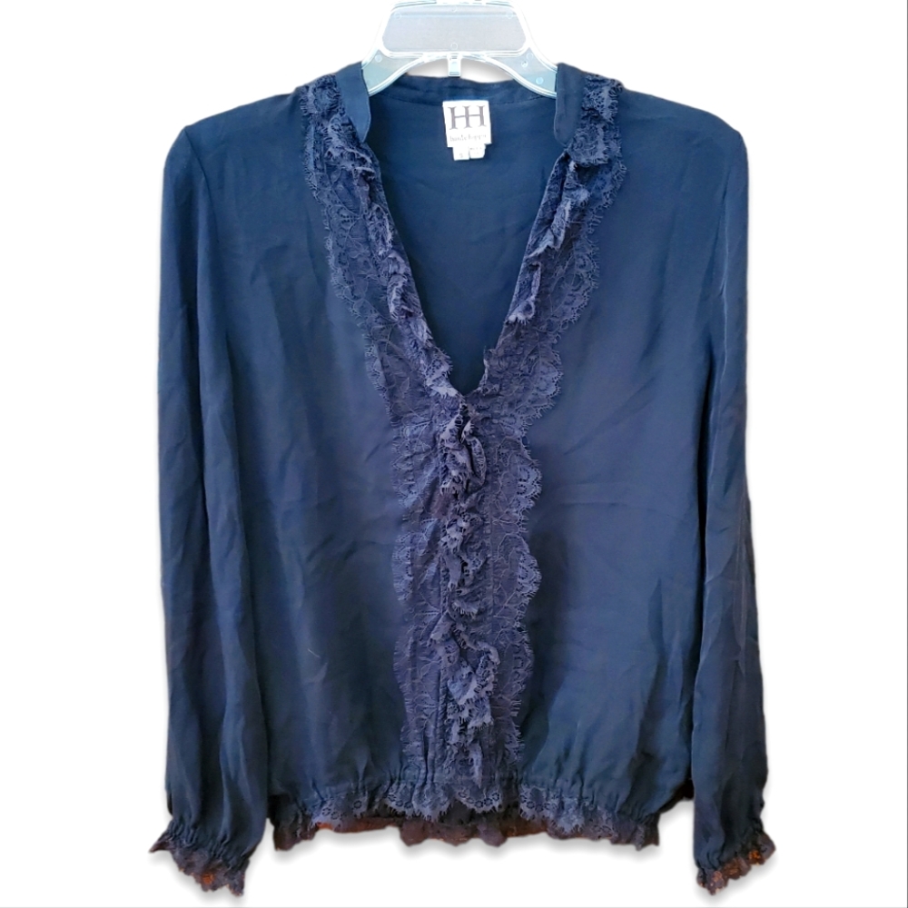 Haute Hippie Women Long Sleeve Ruffle Lace V Neck Silk Shirt Black Size SMALL.